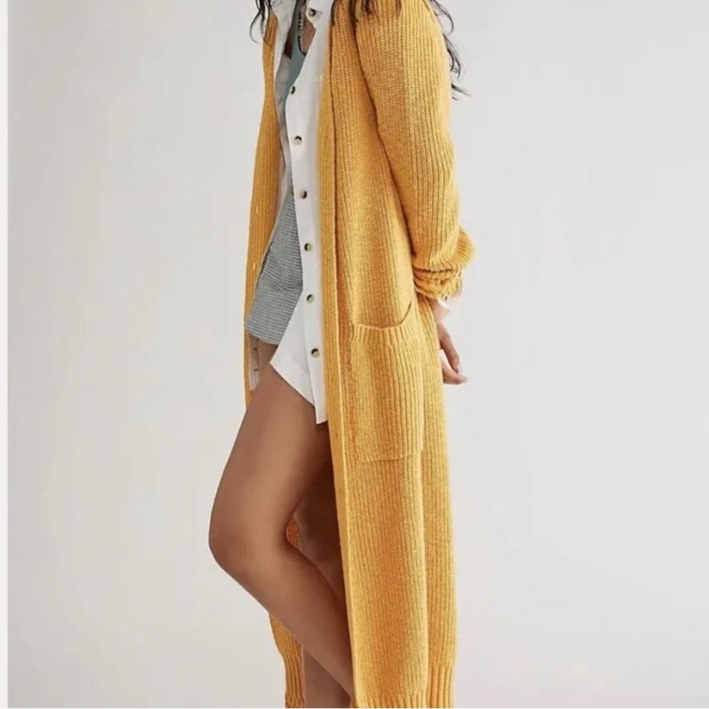 Free People Mustard Long Knit Duster Cardigan